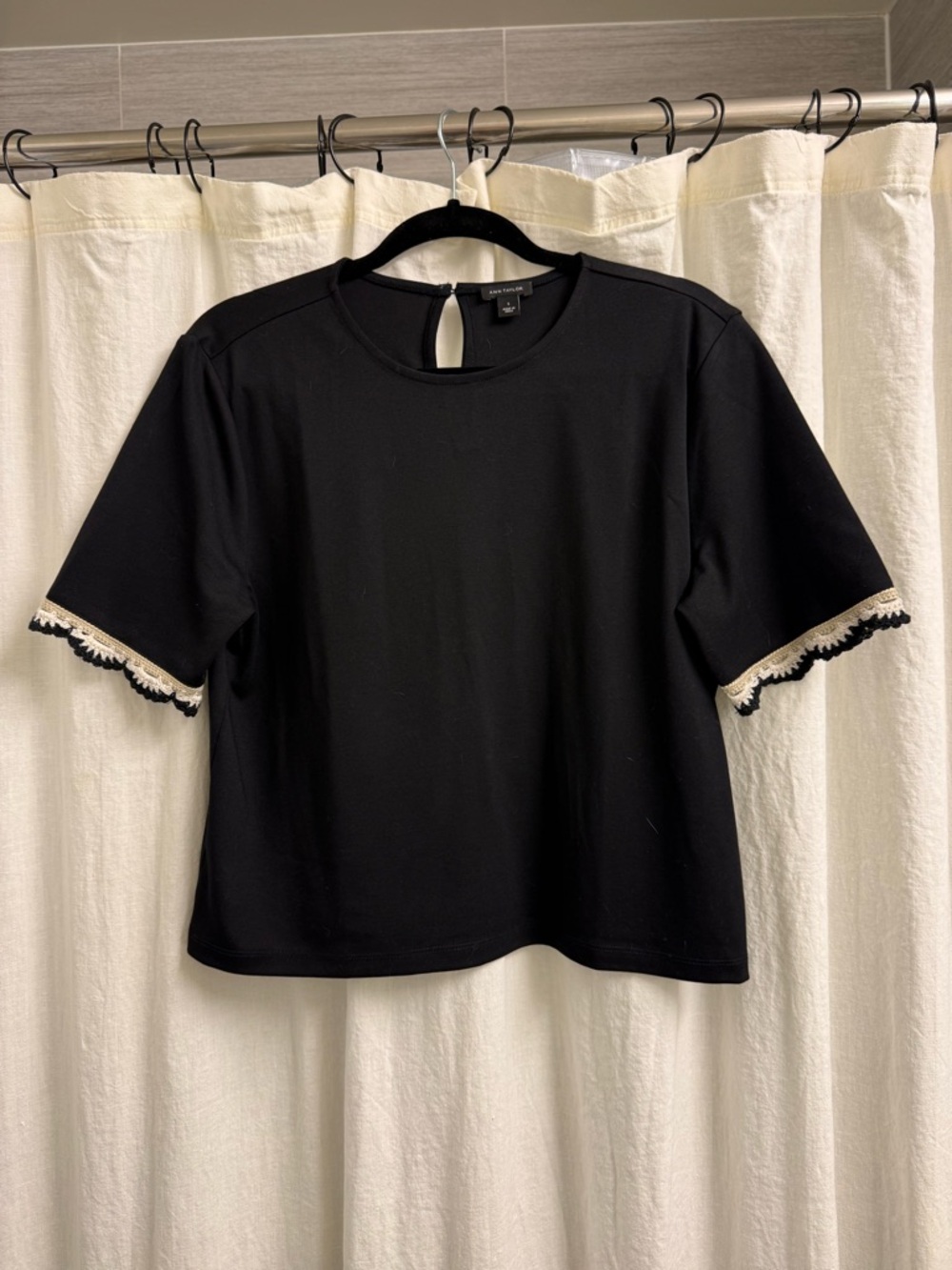 Ann Taylor Black Short-Sleeve Top with Cream Trim
